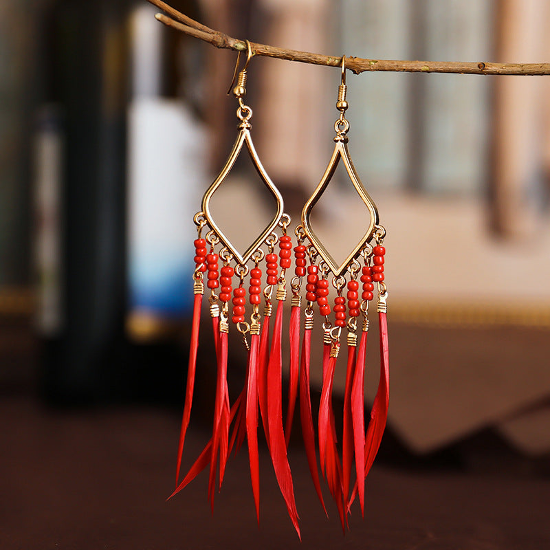 Ornement Perles Colorées Gland Plume Boucles d'Oreilles Femmes Style Bohème Boucles d'Oreilles Transfrontalières Bijoux Européens Et Américains