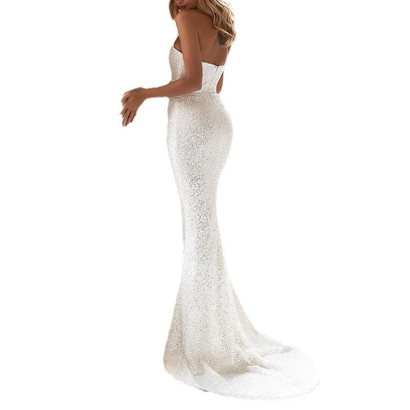 Robe Moulante Tendance Européenne et Américaine à Paillettes Blanches pour Femmes