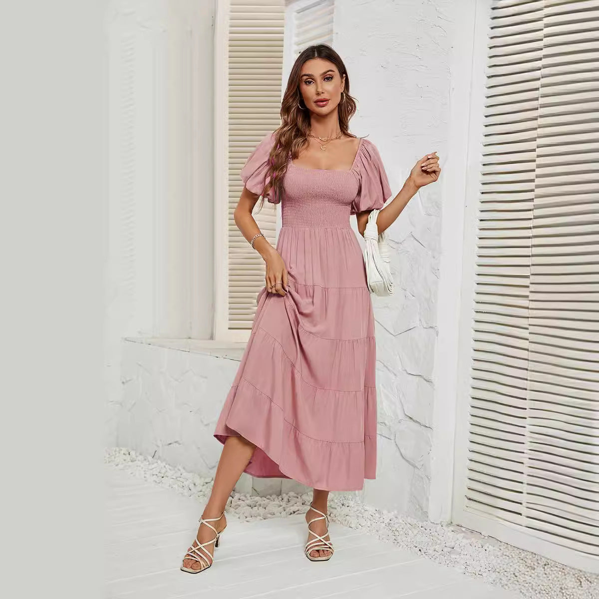 Robe d'été à col carré et dos nu, manches bouffantes, pour femmes