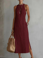 Robe d'été sans manches à col licou et patchwork de dentelle pour femme, style vacances
