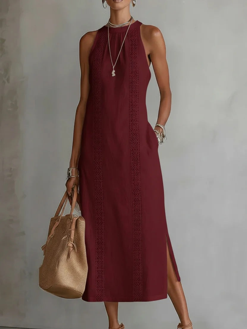 Robe d'été sans manches à col licou et patchwork de dentelle pour femme, style vacances