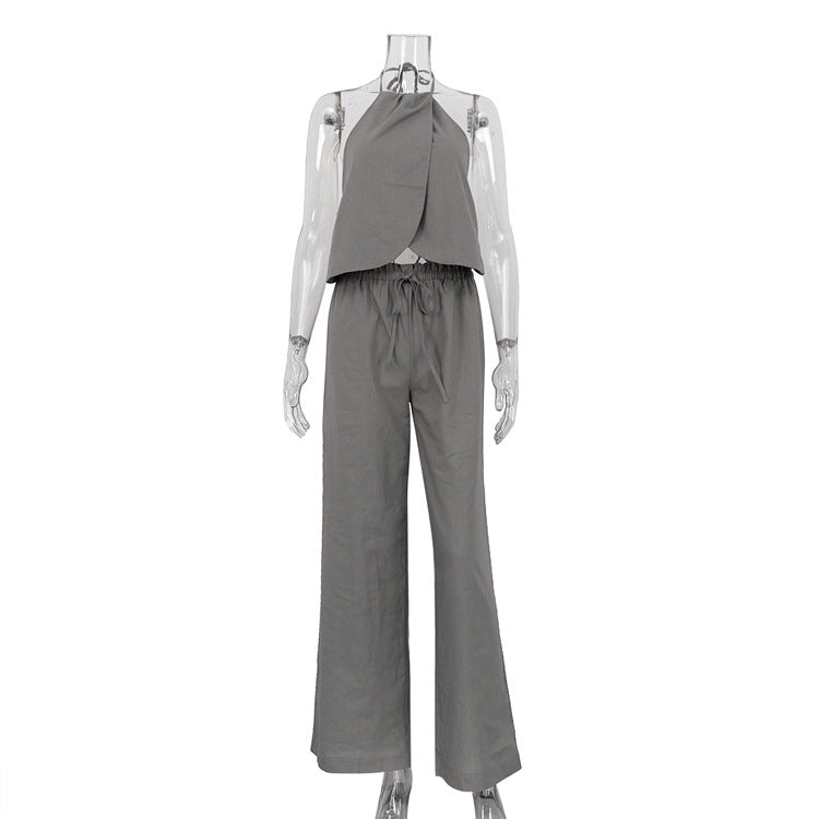 Ensemble deux pièces gilet licou à lacets sans manches et pantalon large pour femme
