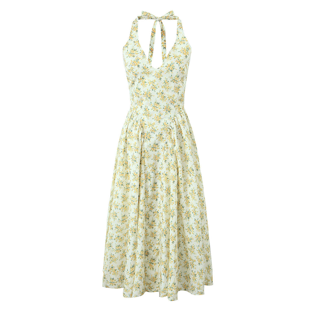 Robe sans manches florale licou en V style Hepburn français
