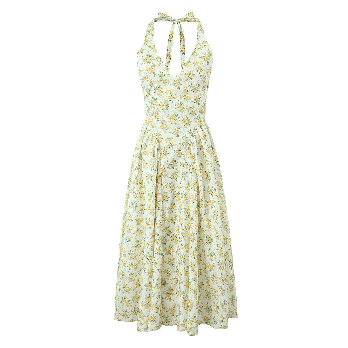 Robe sans manches florale licou en V style Hepburn français