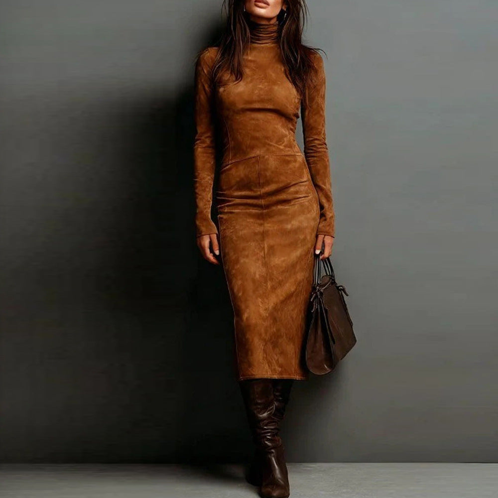 Robe longue à col roulé et manches longues, moulante, sexy, pour femme