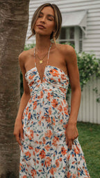 Robe longue sans manches en mousseline de soie à col en V et patchwork