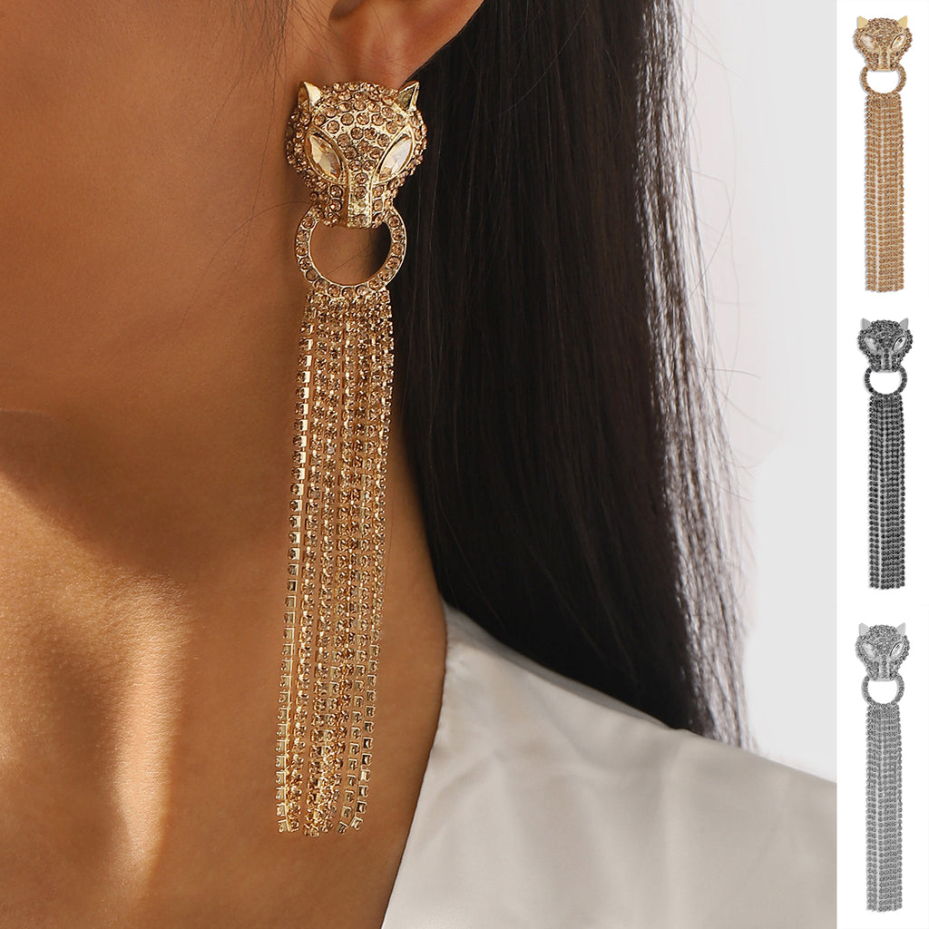 Boucles d'oreilles pendantes léopard personnalisées avec strass et pompons, bijoux tendance de luxe pour femmes