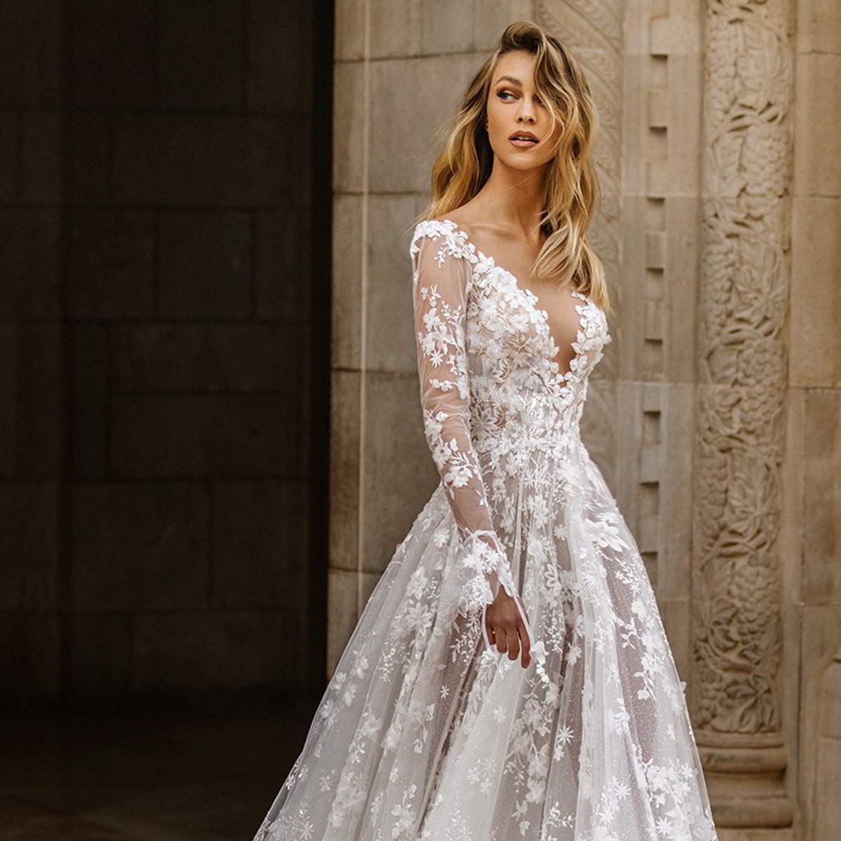 Robe de mariée sexy en dentelle à manches longues, robe de soirée