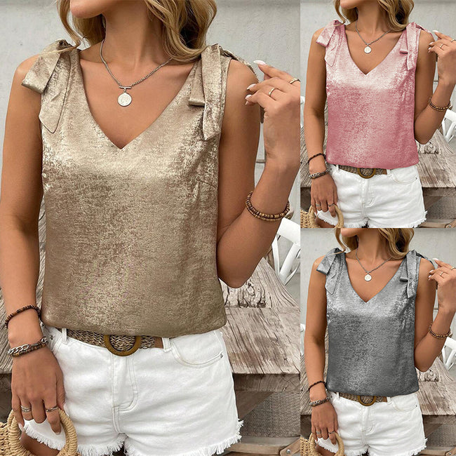 Camisole sans manches en dentelle avec nœud papillon et décolleté en V pour femme, avec détails dorés en relief Hover Image