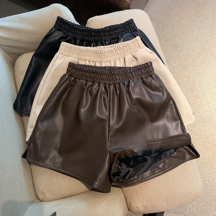 Short en similicuir taille haute pour femme, coupe ample, décontracté avec fente