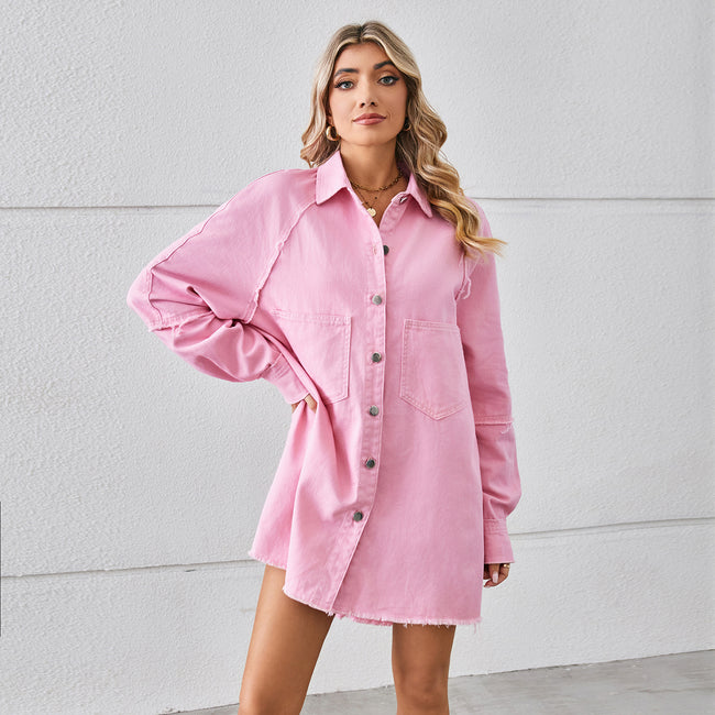 Robe en jean délavé à bords bruts, gilet long à manches longues surpiqué Main Image