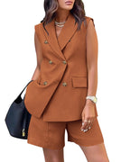 Ensemble deux pièces sans manches blazer croisé couleur unie pour femmes