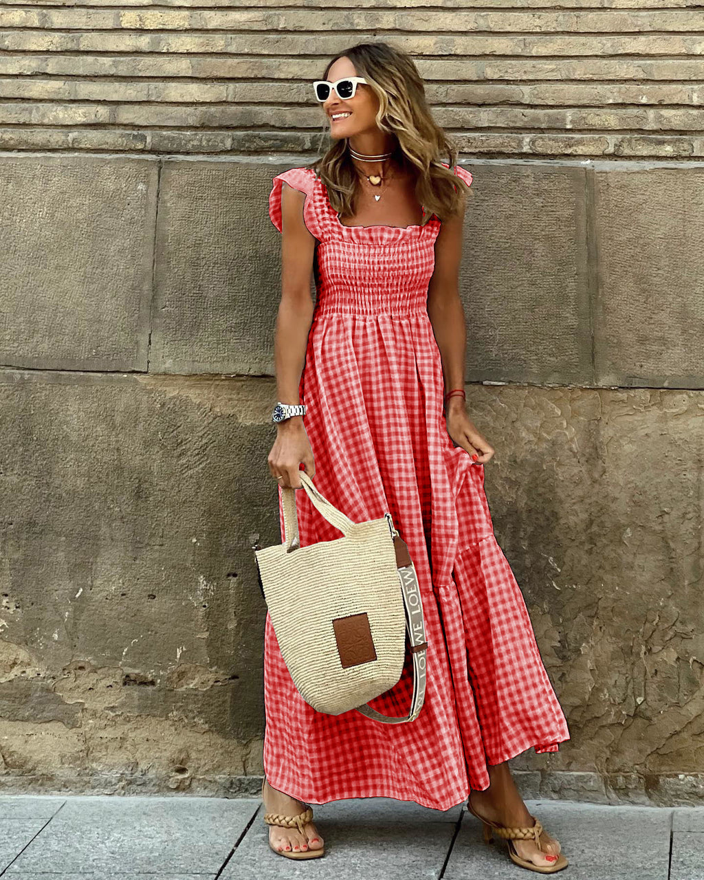 Robe plissée à volants imprimé écossais été, mode INS, sans manches, coupe trapèze, ample, pour la plage, vêtements pour femmes