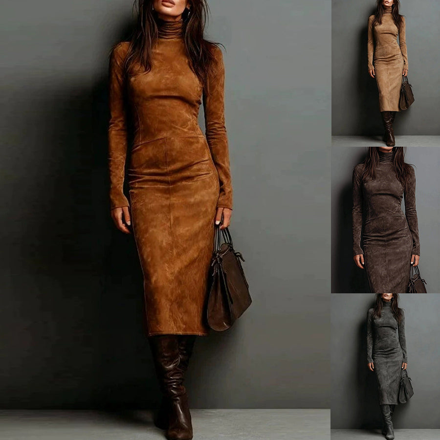 Robe longue à col roulé et manches longues, moulante, sexy, pour femme