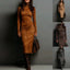 Robe longue à col roulé et manches longues, moulante, sexy, pour femme