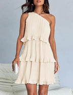 Robe décontractée pour femme, à une épaule dénudée, ourlet à volants superposés, couleur unie simple, taille haute confortable, pour l'été et la rue