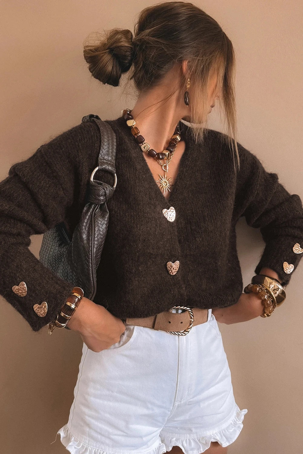 Manteau cardigan en maille à boucles métalliques pour femme