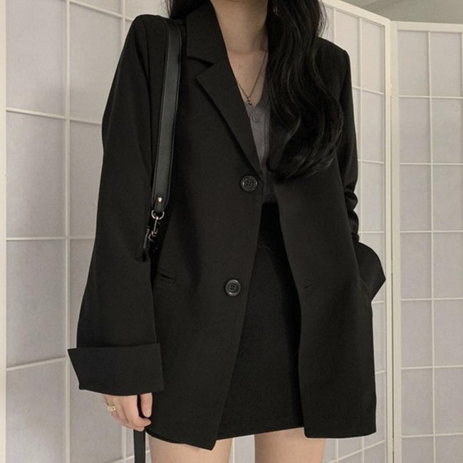 Blazer ample noir à revers et jupe assortie Hover Image