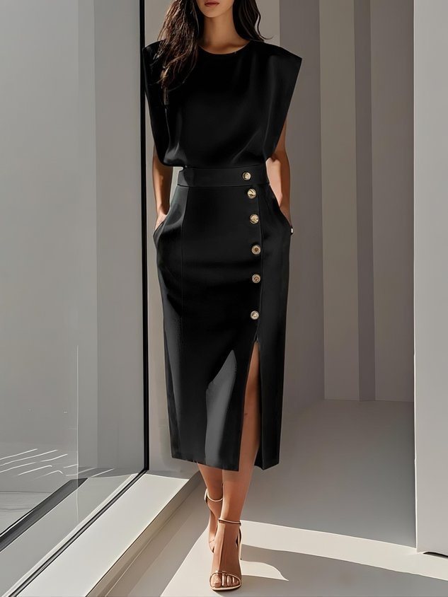 Robe midi décontractée sans manches fendue boutonnée d'été pour femme