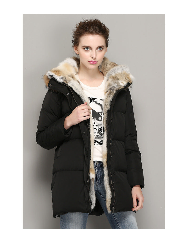 Manteau d'extérieur haut de gamme en duvet et fourrure de lapin, mi-long, matelassé, pour femme