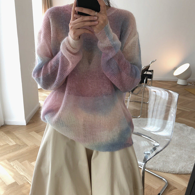 Pull en mohair lâche à col rond pour femme, fin