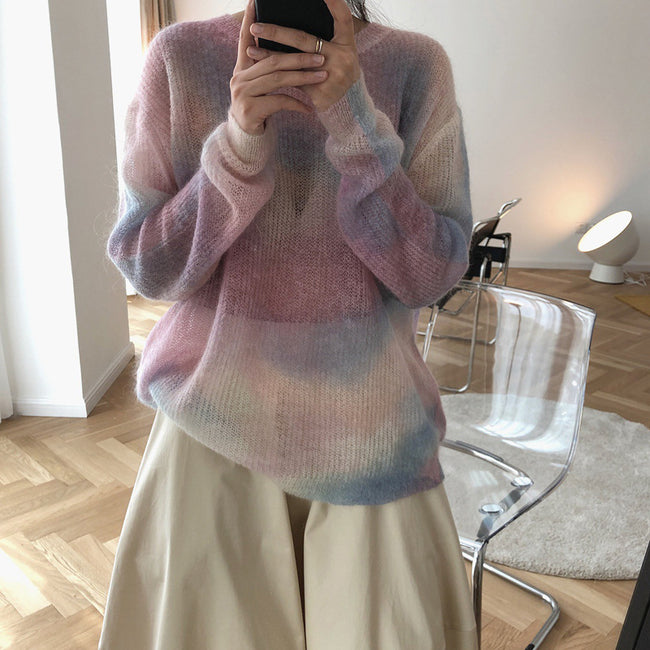 Pull en mohair lâche à col rond pour femme, fin Main Image