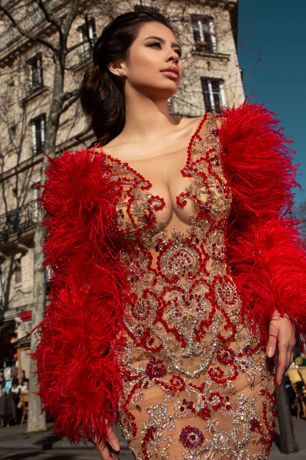 Robe longue en maille rouge ornée de plumes et de strass pour femme à manches longues
