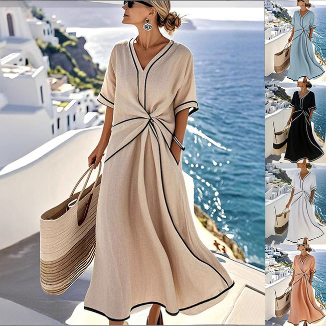 Robe Longue D'été Imprimée Rayures Décontractée Plage Vacances Manches Courtes Vêtements Femme Hover Image