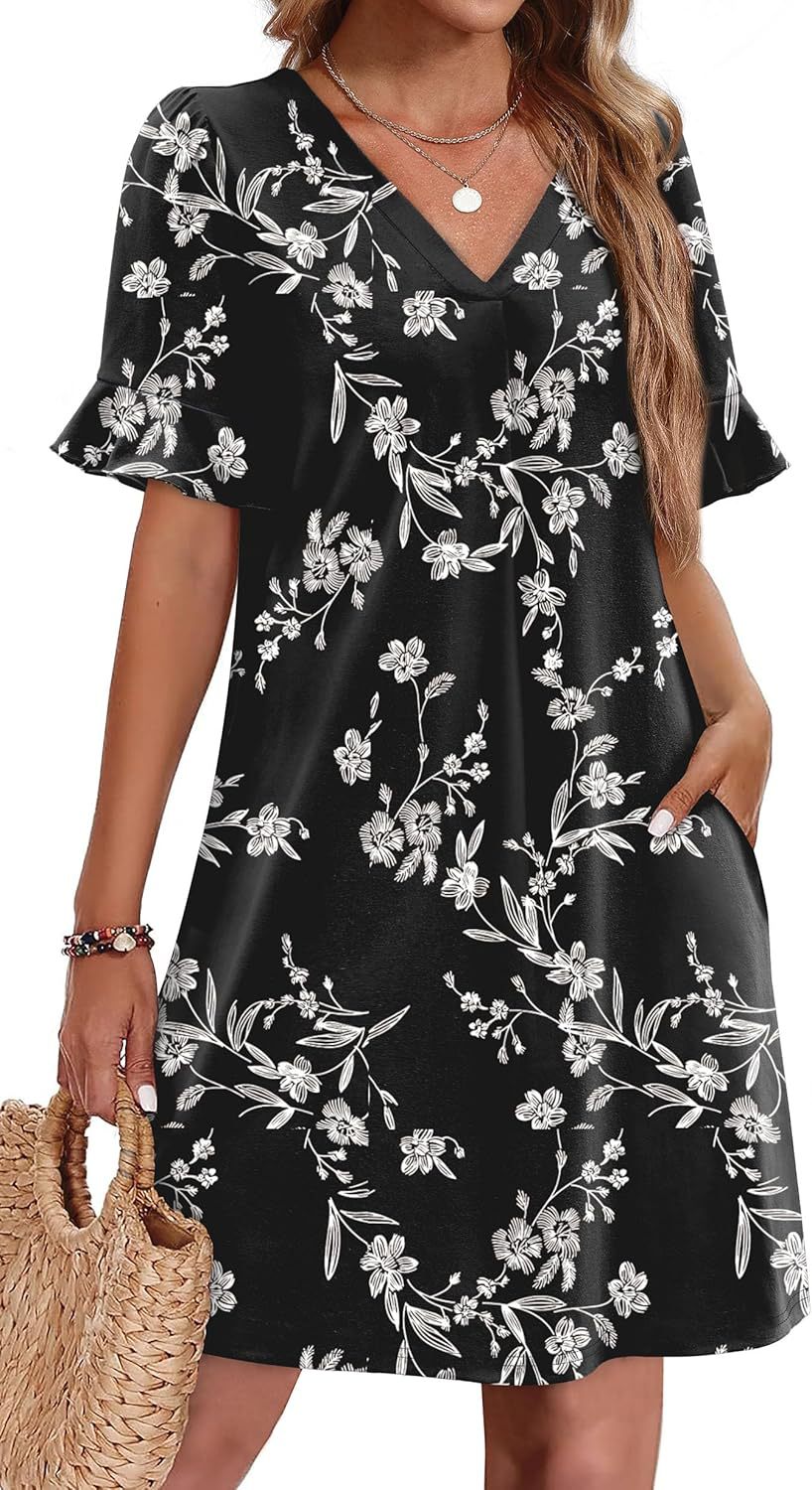 Robe élégante à col en V à volants pour femme avec poches