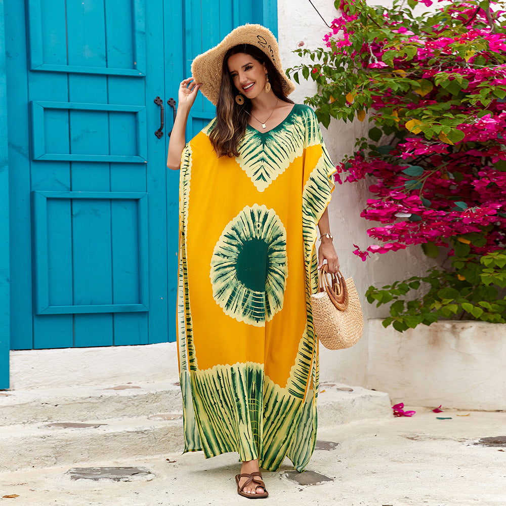 Robe longue en rayonne imprimée à col en V pour les vacances