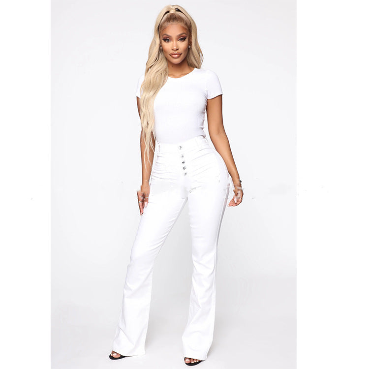 Jean Grande Taille Femme, Jean Denim Taille Haute Lavé avec Poches Plaquées