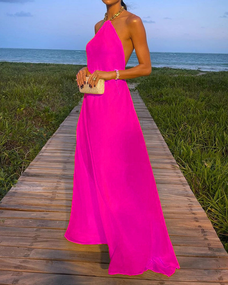 Robe longue dos nu sexy unie à grand décolleté licou