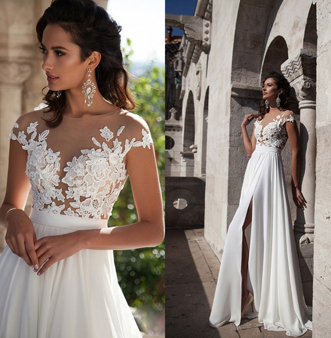 Robe de mariée bohème Robe de mariée en mousseline longueur ras du sol avec applications, personnalisable, élégante Main Image
