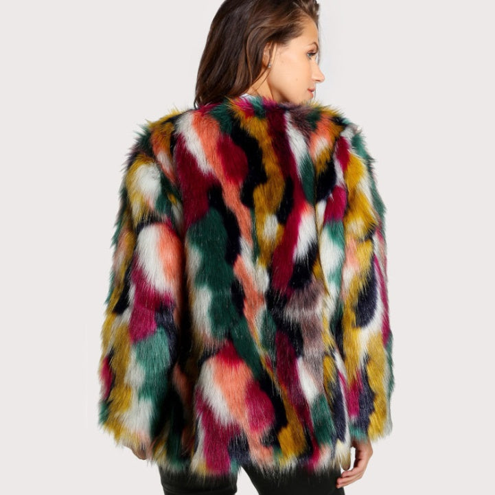 Manteaux d'hiver colorés en fourrure pour femmes, manteaux élégants en fausse fourrure colorée, marque de mode, manches longues, sans col, manteau décontracté pour femme