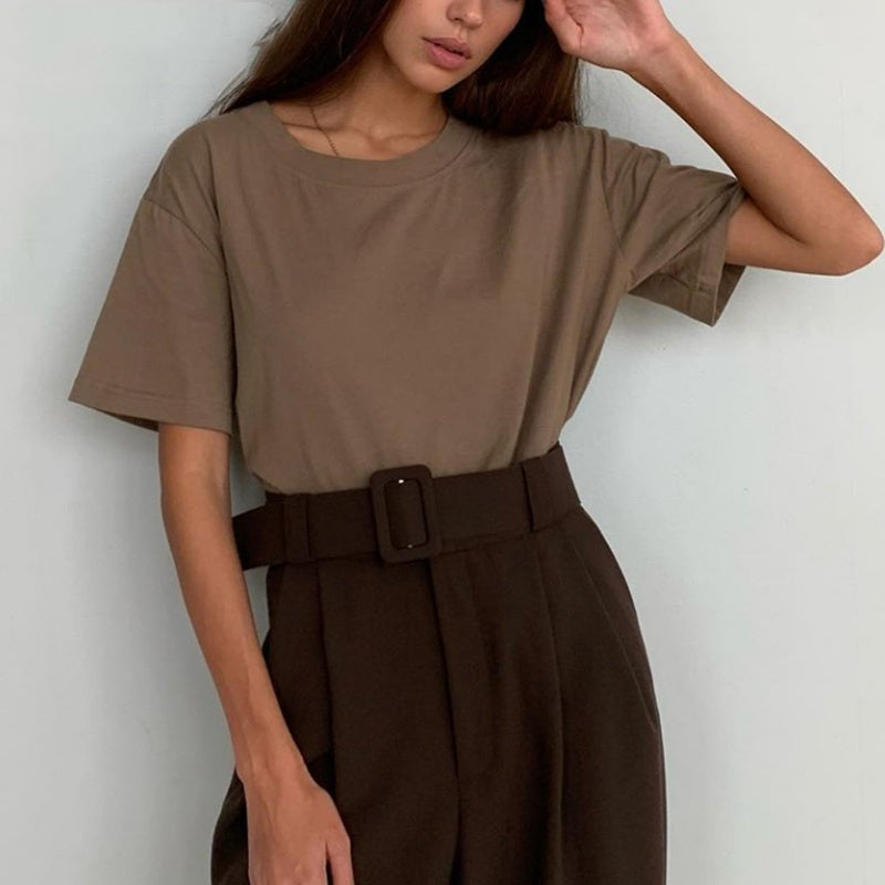 T-shirt basique en maille unie pour femme, en coton décontracté