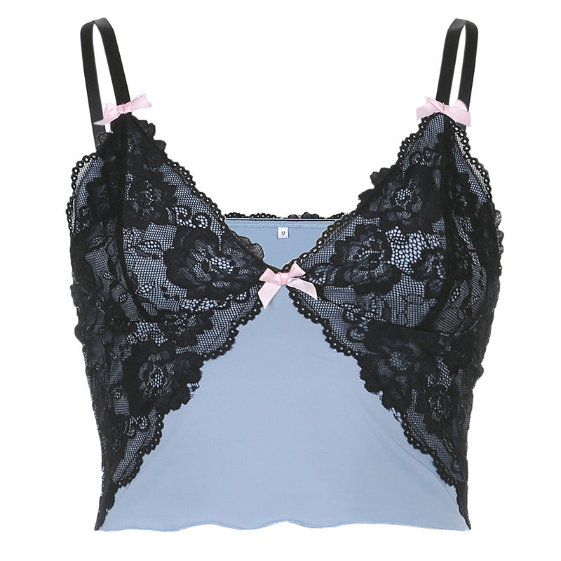 Gilet femme en dentelle contrastante à col en V