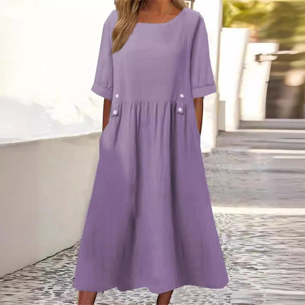 Robe décontractée en coton et lin à manches courtes et poches pour femme