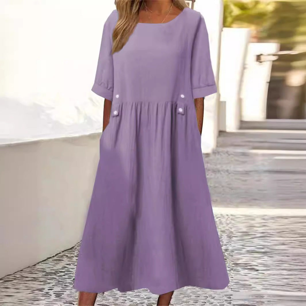 Robe décontractée en coton et lin à manches courtes et poches pour femme