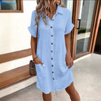 Robe chemise d'été à manches courtes, mode, couleur unie, boutonnage simple, longueur moyenne, ample