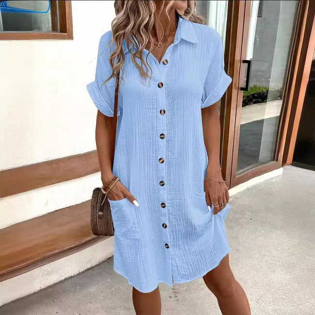 Robe chemise d'été à manches courtes, mode, couleur unie, boutonnage simple, longueur moyenne, ample Main Image