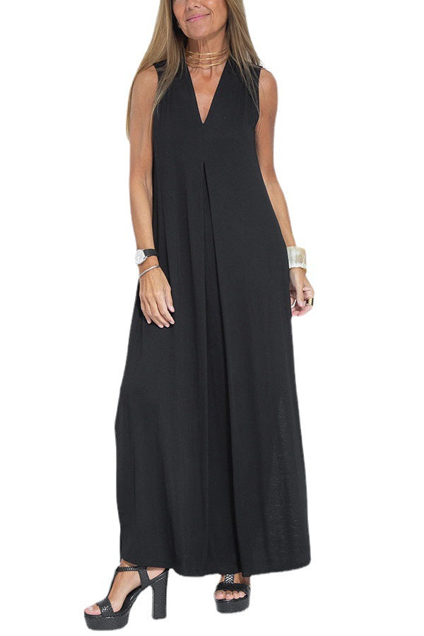 Nouveau costume pour femmes avec robe sans manches col en V de couleur unie et gilet cardigan long Main Image