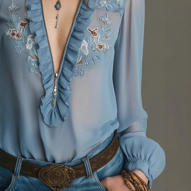 Chemise en mousseline brodée à volants et fermeture éclair pour femme