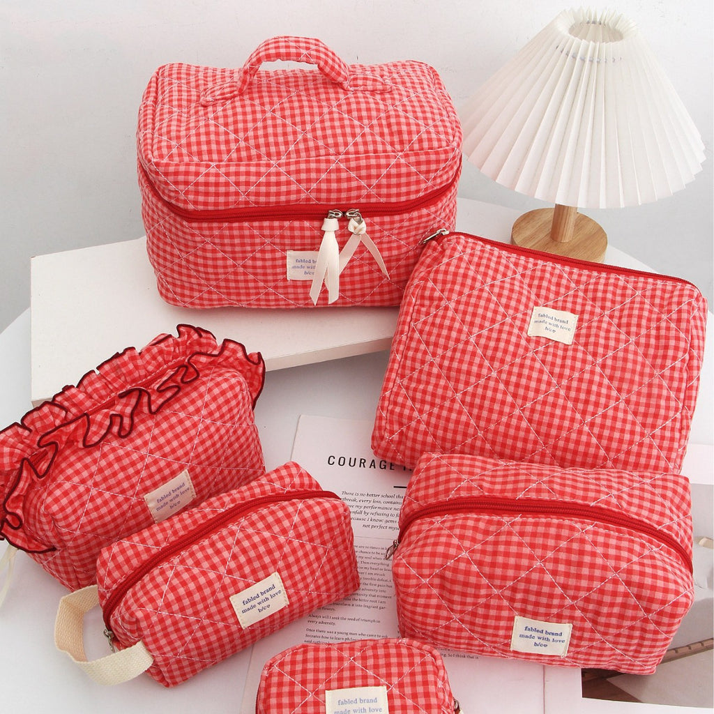 Red Plaid Makeup Bag Portable For Travel