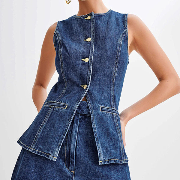 Ensemble short et top gilet boutonnés sans manches en jean pour femme, vêtement décontracté d'été