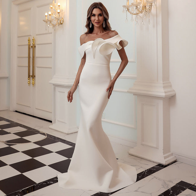 Missord Robe de soirée sexy asymétrique à volants pour femme, couleur unie, robe longue de célébrité, col bateau, robe femme FT19938-2 Hover Image