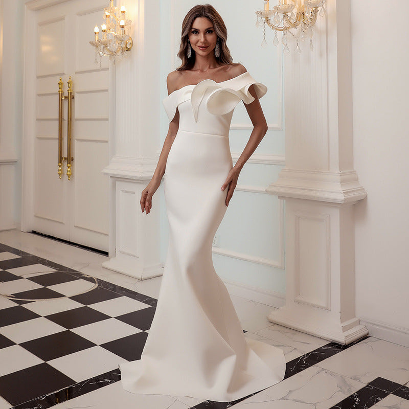 Missord Robe de soirée sexy asymétrique à volants pour femme, couleur unie, robe longue de célébrité, col bateau, robe femme FT19938-2