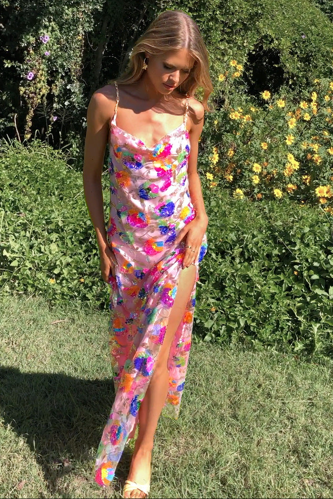 Robe fendue fleurie à sequins tendance pour femme