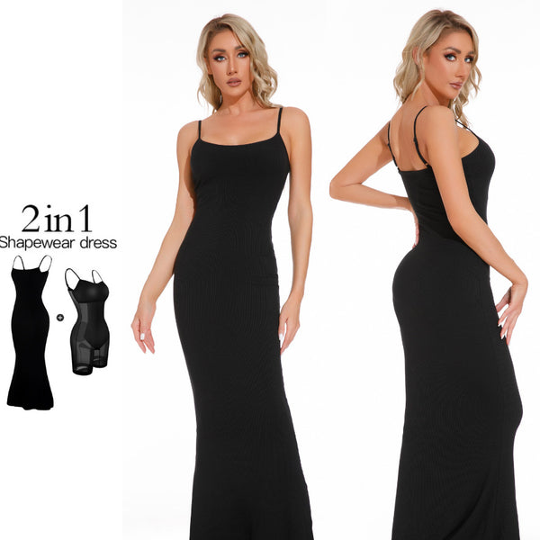 Robe Combinaison Gainante Femme Corset Amincissant Ventre Plat Entrejambe Ouvert Bretelles Jupe Longue Serrée Poitrine Rembourrée Body Robe