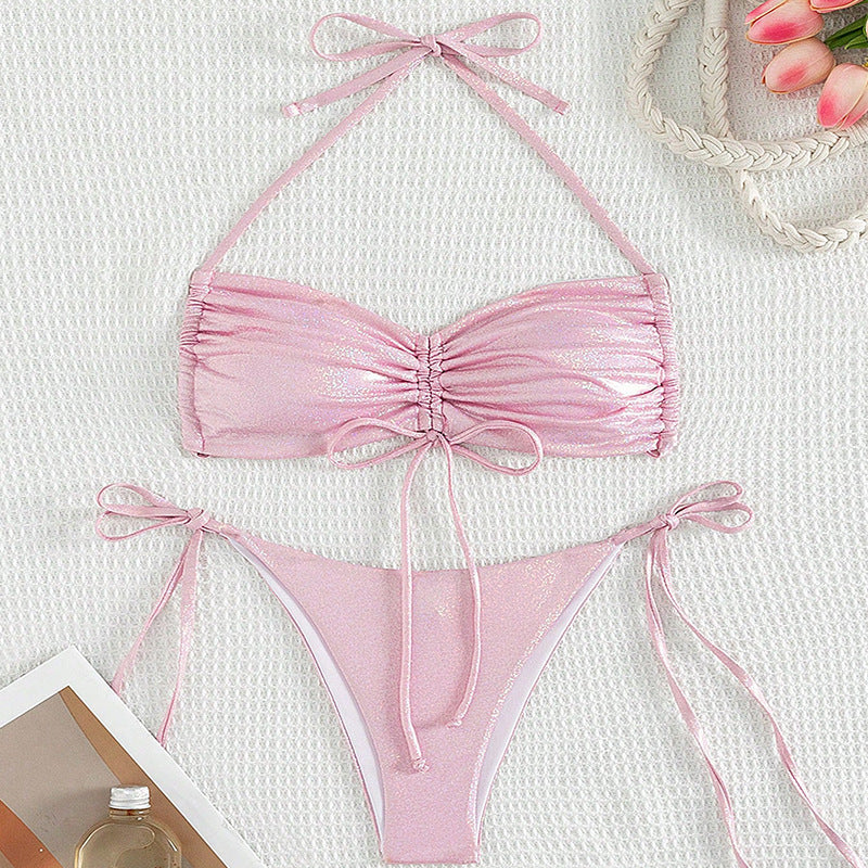 Maillot de bain bikini réfléchissant avec cordon de serrage pour femme