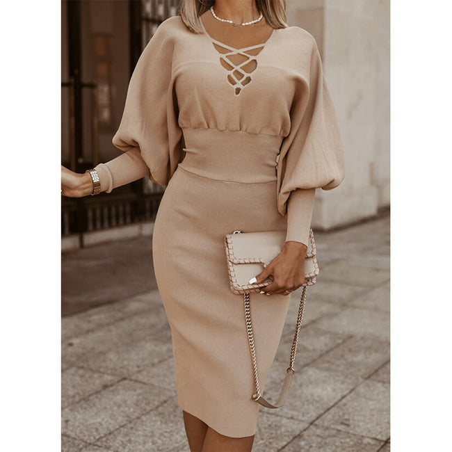Robe longue tricotée à manches longues et taille haute de couleur unie Main Image